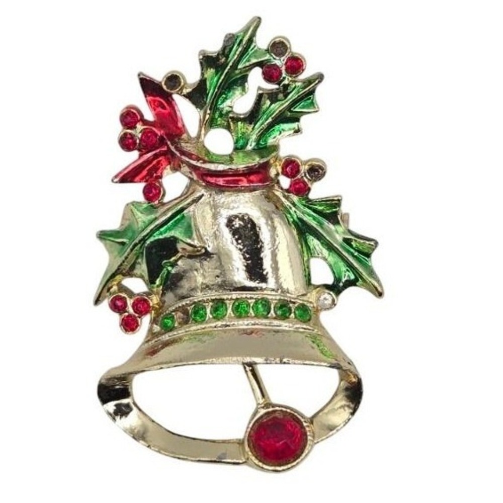 Vintage BJ Christmas Bell Brooch Pin Holly Leaf Holiday‎ Enamel Jewelry